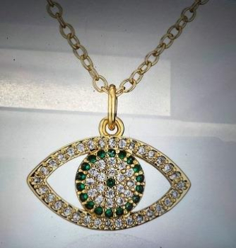 18 karat gold plated Brass Zircon Evil Eye Necklace (Green and Clear Zirconia stones)