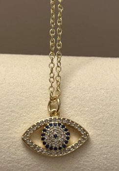 18 karat gold plated Brass Zircon Evil Eye Necklace (Blue stone and Clear Zirconia stones)