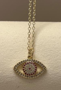 18 karat gold plated Brass Zircon Evil Eye Necklace (Red and Clear Zirconia stones)
