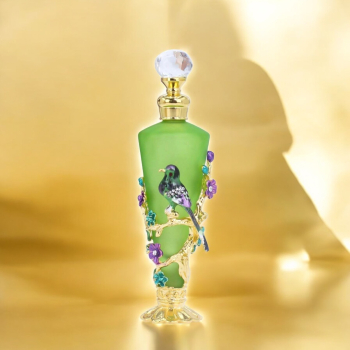 Vintage Rhinestone Bird & Flower Perfume Green Bottle